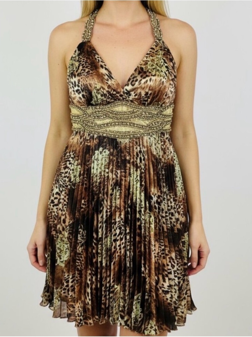 Embellished Strapless Animal-Print Pleated Dress in Brown